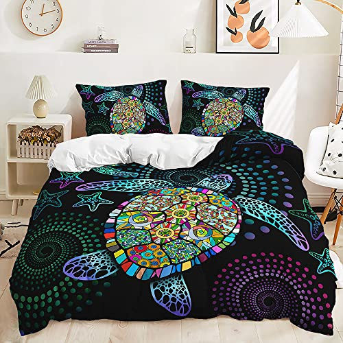 Lunoroey Turtle Bedding Duvet Cover Set King Size | Turtle Printed Ocean Beach Theme Bedding Set, Matched Pilowcase, All Season Quilt Cover Set, Bedroom Decor