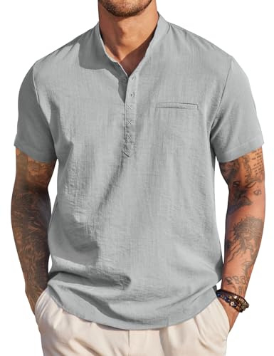 COOFANDY Camisa Lino Hombre Verano Manga Corta Camisa Henley Camisas Informales Cuello Camisa de Playa de Manga Corta Camisa a Rayas para Vacaciones Gris Claro L