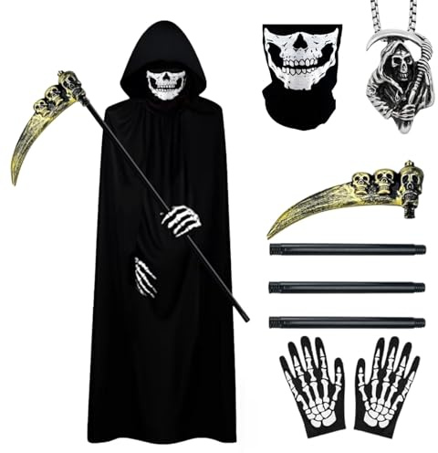 Ryfpdml 5Pcs Grim Reaper Costume, 140cm Long Black Velvet Hooded Cape, Skull Face Mask, Skeleton Hand Gloves, necklace and Scythe Prop Halloween Costumes Accessories (05)
