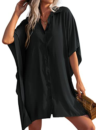 AI'MAGE Women Swimsuit Cover Up 3/4 Sleeve Beachwear Bikini Coverups Button Down Oversized Cover Up Shirt Black M