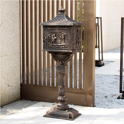 LXTIN Cast Aluminum Mailbox with Post, Heavy Duty Postal Box with 2 Keys, Retro Vertical Floor-Standing Mailbox for Outdoor Patio