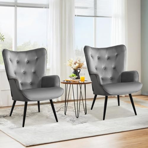 Ckaff Lot de 2 Fauteuil Salon Relax, Fauteuil Scandinave Moelleux en Velours avec Accoudoirs & Dossier Ergonomique pour Salle à Manger, Salon, Chambre, Siege Bureau, Allaitement, Gris