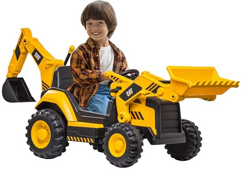 Kid Trax 12V CAT Backhoe Loader - Ride On Excavator Construction Toys for Boys w/Realistic Sounds, 2.5-5 mph Mini Bulldozer, Indoor/Outdoor Tractor Toys, Sturdy Toy Cars for Toddlers 3-6, Up to 66lbs