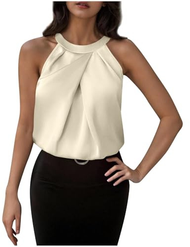 Top Femme Satin sans Manches Halter Camisole Debardeur Femmes Plissée Été 2025 Gilet Tops Boutons Dos Tunique Femmes Blouses Haut Femme Chic Et Elegant Cami Hauts Blouses Soie Pas Cher