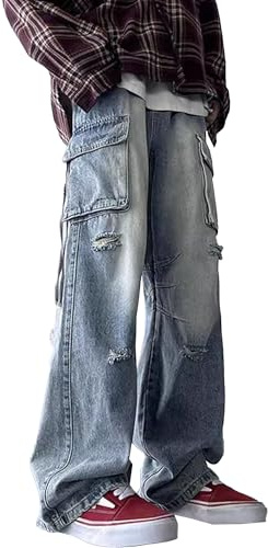 Baggy jeans för män Herr Ripped Jeans Herr Jean Rak passform Cargo Baggy Jean Hip Hop Grunge med flera fickor