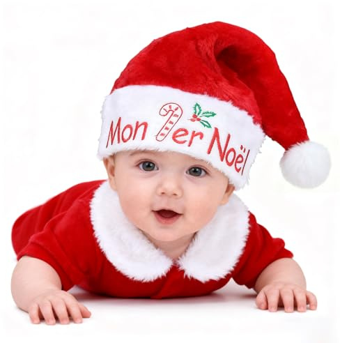 DPKOW Cadeau Mon Premier Noël Bonnet Bébé, pour Tenue Déguisement Noel Bébé Fille Garcon Costume Photobooth Accessoires Mon 1er Noël Chapeau Souvenir, pour 4-12 Mois, Peluche Douce Confortable