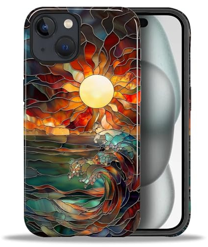 Flivro Case for iPhone 15, 2 in 1 PC Hard Shell Silicone Inner Bumper Anti-Scratch Full-Body Cover Shockproof Slim Design Stained Glass Sun Waves