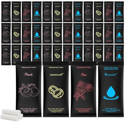 Moist Cotton Towel Bulk Moist Towelettes Individually Wrapped 8.7 x 8.7,White Towel Services,Refreshment Pre Moistened Towels,Peach Rose Coconut and Unscented for Sport Party Spa (20)