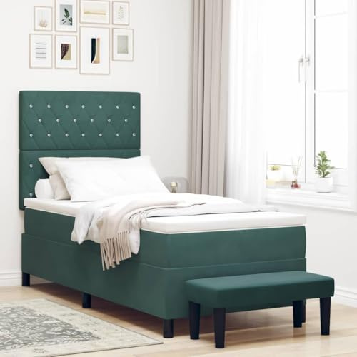 Bucmath resårsäng med madrass, mörkgrön, 100 x 200 cm, sammetsöverdrag, träram, komfortskummadrass, för sovrum, modern design, hållbar