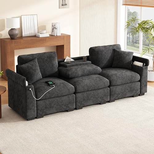 TIZZ Divano Tre Posti Ciniglia 3 Posti, Moderno Divano in Tessuto con Cuscino, Tavolo Pieghevole, Porta USB, Portabicchieri e Stoccaggio, Divano Multifunzionale per Ufficio, Appartamenti, Home Cinema.