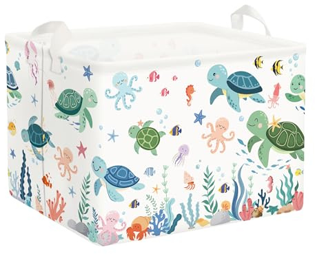 Clastyle Cesto Portabiancheria Animali Marini Cestino Portaoggetti Granchi Cesta Biancheria Genitori per Organizzare Giocattoli Vestiti, Tartaruga Verde, 40x30x30 cm