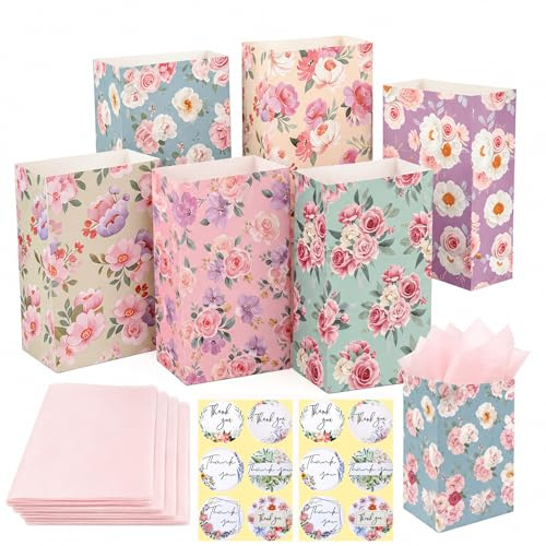 RhiVrillion 6 Sacchetti Regalo Carta Floreale, 12 Adesivi e Carta Velina Rosa, Sacchetti Regalo Compleanno, Regalini Fine Festa Compleanno, Buste Regalo, Sacchetto Regalo per Feste