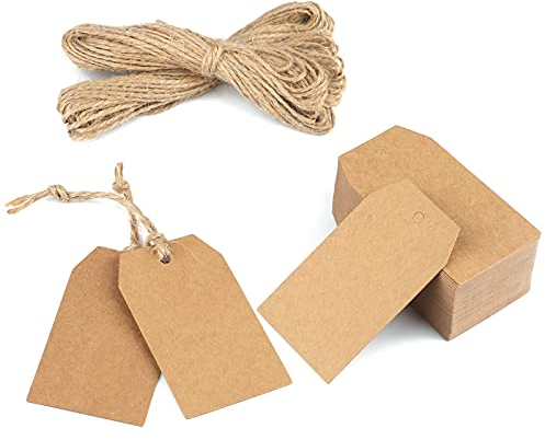 jijAcraft Geschenkanhänger Kraftpapier Anhänger Etiketten 7x4 cm, 100 Stück Tags und 20 Meter Juteschnur, für Basteln Weihnachts Hochzeits Geschenke (Braun)