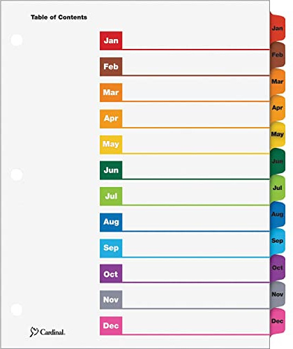 Cardinal OneStep Binder Dividers, 12-Tab Monthly, Customizable Table of Contents, Reversible Multicolor Tabs, 1 Set (60318CB)