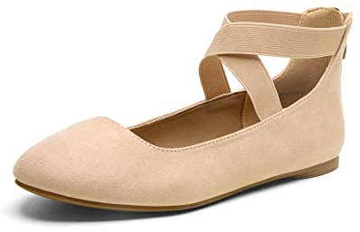 DREAM PAIRS Womens Ballerina Flat Fashion Elastic Ankle Straps Cross Strap Round Toe Comfy Ballet Pumps Dolly Shoes,Size 6.5,Nude,Sole_Stretchy
