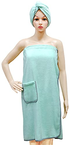 Polyte - Damen Badetuch mit Klettverschluss und Haartuch - schnelltrocknende Mikrofaser - Hellgrün - Einheitsgröße