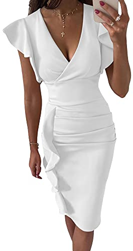 Geagodelia Abito da Donna Elegante con Manica Corta Abito Corto Donna Estivo con Scollo a V Profondo in Tinta Unita Abito Donna Cocktail da Sera (Bianco, M)