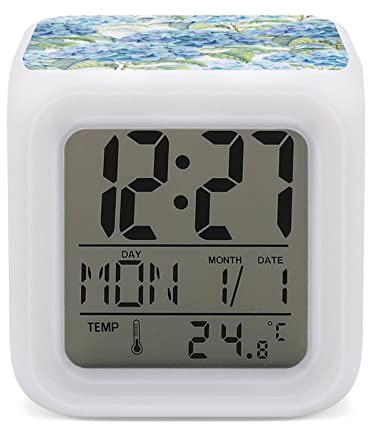 Donnapink Watercolor Turquoise Hydrangea Seamless Blue Flowers Texture 7 Color LED Change Digital Glowing Alarm Clock, LED Cube Night Light Clock, Wake Up Bedside Clock for Bedroom Home Office