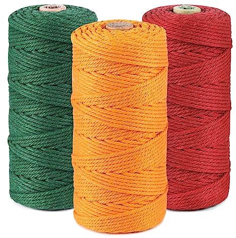 ilauke Macrame Cord 3mm x 100m, 3 Roll Garden Twine, Garden String Twine for Crafts, Natural Cotton Rope for Wall Hanging, Plant Hangers, 4-ply (Red, Green, Yellow)