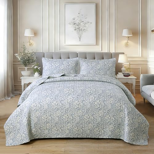 DURLENGEN Quilt Set Queen Size 3Pcs, Bluish Grey Printed with Beige Leaves Pattern,Soft Microfiber Lightweight Bedspread for All Season Layering(Queen 90x96,Beige Botanical)