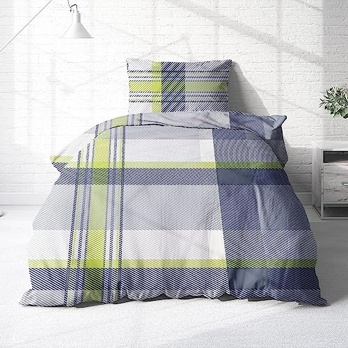 Träumschön Biber Bettwäsche Set 2tlg 155x220 cm + 80x80 cm – Flauschige Blumen Bettwäsche Grau/Grün – Weiche Winterbettwäsche Kariert - Atmungsaktiv, Warm & Hautfreundlich - 100% Baumwolle