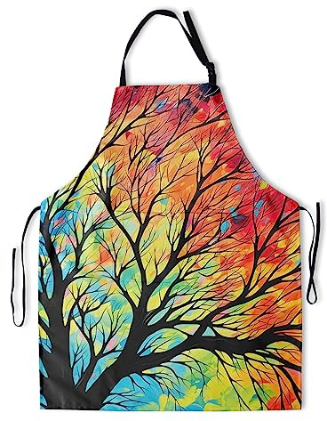 Colorful Painting Aprons for Adults - Rainbow Tree Apron Watercolor Artist Apron Seasonal Nature Branch Plant Bib Apron with 2 Pockets for Home Kitchen Cooking BBQ