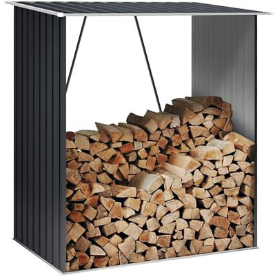 wasabi - Leñero Exterior Grande 1,38m2 Timber - 166x83x154cm - Suelo Incluido - Refuerzos Traseros Resistentes - Montaje Sencillo - Gris Antracita - Techo Inclinado - Caseta Jardín Metálica Leña