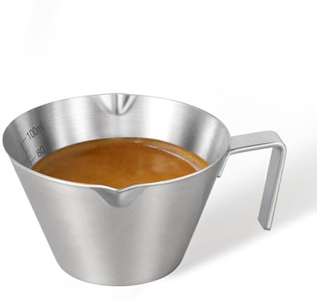 YARRAMATE Taza de acero inoxidable para café expreso, taza medidora de metal de doble boquilla con boca en forma de V, accesorios para espresso, 3.4 onzas/100 ml (blanco) (plata)