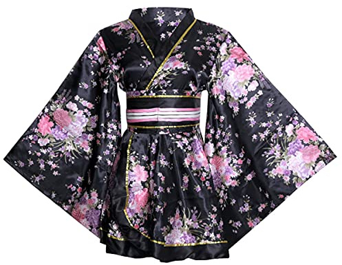 Costume da Kimono Corto Sexy per Donna Adulto Giapponese Yukata con Stampe Geisha, Abito Elegante con Cintura Obi, 2# nero., One Size