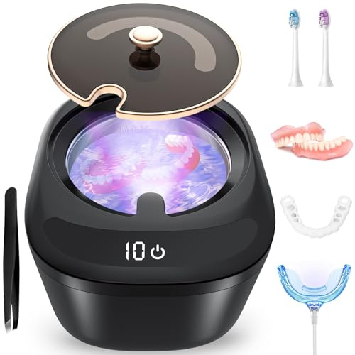 Ultrasonic Retainer Cleaner Machine - Raccomb 45kHz LED Light Ultrasonic Cleaner for Dentures, Aligner, Mouth Guard, Night Guard Cleaner, 230mL Sonic Cleaning Machine for Jewelry, Dental Appliances