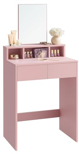 VASAGLE Schminktisch mit großem Spiegel, Frisiertisch, 2 Schubladen, 3 offene Fächer, Kosmetiktisch, modern, pastellrosa RDT103R01