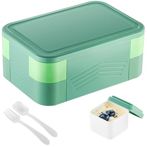 1550ML Doppellagige Lunchbox, Auslaufsicher Bento Boxen für Erwachsene, Kinder Brotdose für Kindergarten/Schule, Vesperdose mit Fächern & Besteckse, Brotzeitbox Jausenbox für Picknick/Büro (Mintgrün)