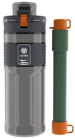 HISOIT 2-in-1 Water Filter Bottle with Straw 0.01μm Ultra-Filtration Reusable BPA Free Plastic For Outdoor Hiking Travel and Backpacking 17oz Grey Black