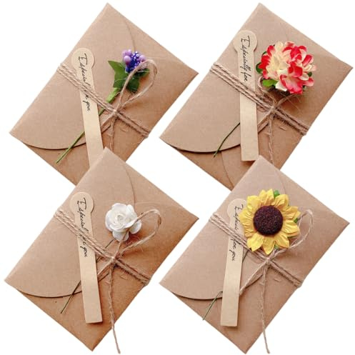 4 Piezas Tarjetas de Felicitación Sobres de Tarjetas Postales Papel Kraft Retro Flores Secas Decoradas Tarjetas de Felicitación Postales 3D con Sobres de Papel Kraft Retro Decorados con Flores Secas