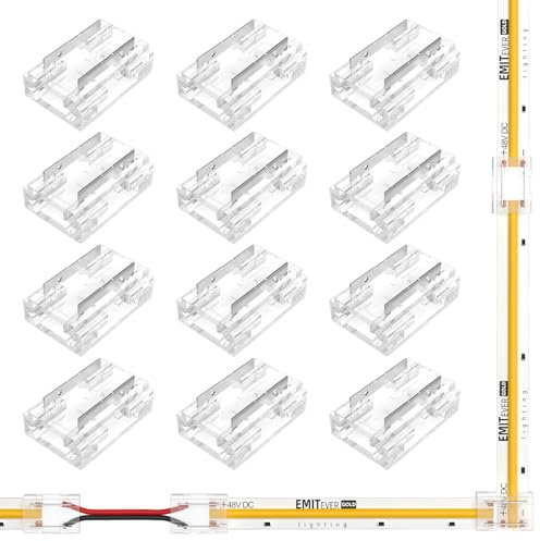 EMITEVER 8-in-1 LED Strip Connectors 12pcs, 2 Pin 10mm COB Tape Lights Terminal Connectors 8 Types Solderless Transparent Connection for​ 5V 12V 24V（Straight, Corner, Strip to Strip, Strip to Wire）