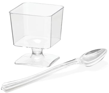 Party Essentials Mini Disposable Plastic Small Portion Ice Cream/Dessert/Yogurt/Parfait Sample Tasting Kit, Clear, 2 oz. Stemmed Cups + Spoons, 60-Set