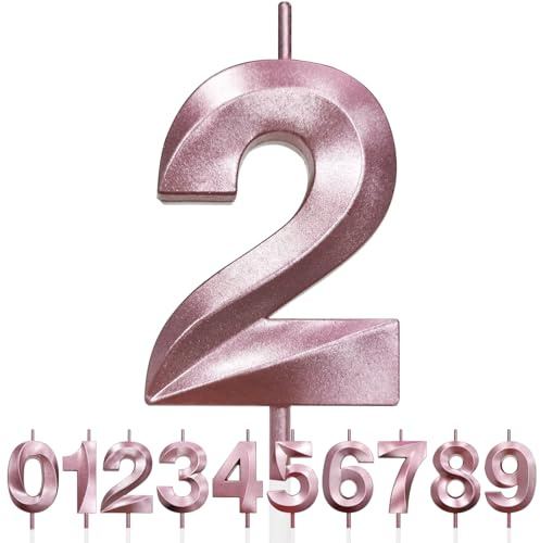 Número 2 Vela de Cumpleaños con Purpurina oro rosa y Diseño 3D, Velas con Números, Decoración de Tarta, Vela de Tarta para Fiesta de Cumpleaños, Aniversario de Boda, Decoración de Fiesta