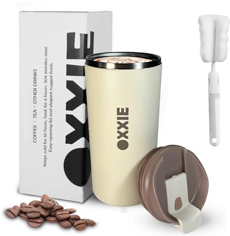 OXXIE Vaso Termo Cafe Para Llevar Pequeño 350ml, Vaso Termico, Aislamiento de Doble Pared, Taza de Cafe de Acero Inoxidable, Taza Termica con Tapa Hermetica, Reutilizable y Antigoteo (Marron-Beige)