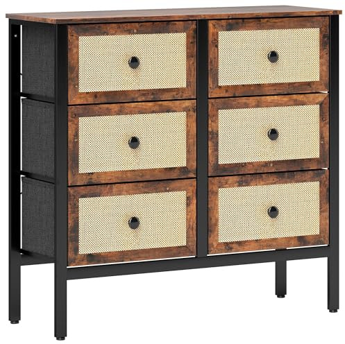 HOMCOM Cómoda para Dormitorio Cajonera de Tela con 6 Cajones Plegables con Frentes de Ratán y Marco de Acero Cajonera para Dormitorio Salón Marrón Rústico