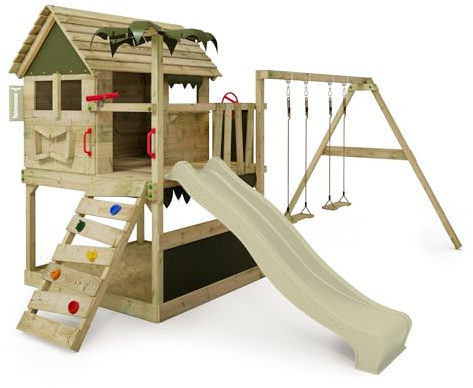 Fatmoose Casa dei Giochi TikaTaka Town XXL con Torre di Arrampicata e Scivolo & Altalena Verde Salvia, Esterno Casa sull'Albero per Bambini con Sabbiera, Scala & Accessori da Gioco