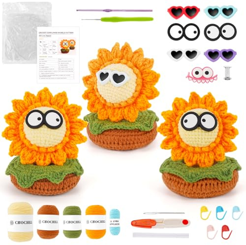 WILSHIN Häkelset für Anfänger, Sonnenblumen-Häkel-Starter-Set mit Schritt-für-Schritt-Video-Tutorials, leicht zu erlernende Tutorials, Garne, Haken, Strickset für Anfänger, 3 Paar (50%+ Garn)
