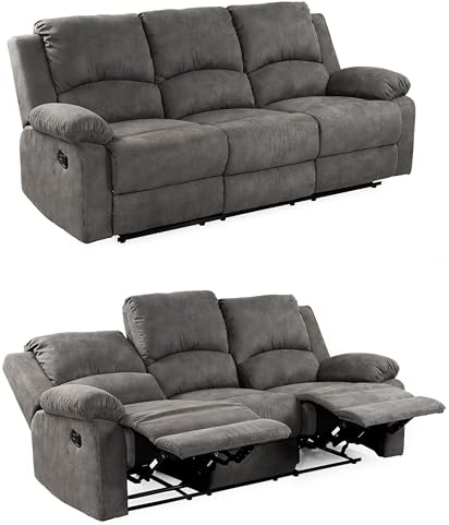 Dreisitzer-Sofa mit Tonnentaschenfederkern B204/T87/H97 cm, verstellbare 3er Couch durch praktische halbautomatische Relaxfunktion, Bezug Mikrofaser Vintage Anthrazit / 15131