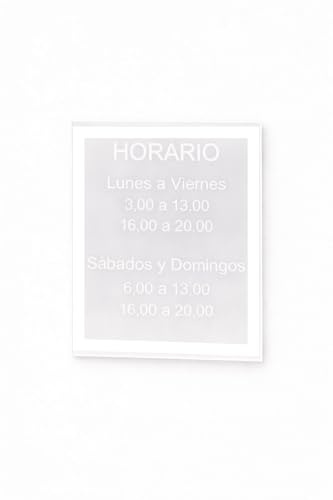 TIBRYN Letrero V4 – 25x19Cm – Con Adhesivo – Cartel Horario Personalizable Grabado – Negocio Metacrilato Transparente – Placa Exterior e Interior – Texto Personalizado Tiendas, Oficinas y Restaurantes
