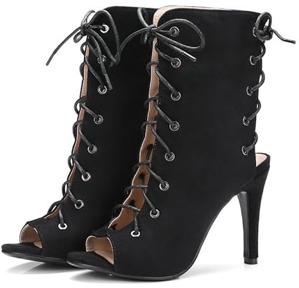Botines de tacón alto con cordones y puntera abierta para mujer, sandalias de gladiador informales, Black, 40.5 EU