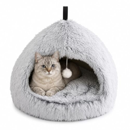 JOWY Cama Cueva para Gatos, Casita Suave y Acogedora con Diseño Cerrado, Pelota Colgante y Base Antideslizante, Cama para Gato Tipo Refugio, Cálida, Cómoda y Estable para Interior