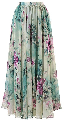 CHICWISH Women's Green Floral Printed Elastic Waist Frill Hem Slip Maxi Chiffon Skirt, Size XS-S