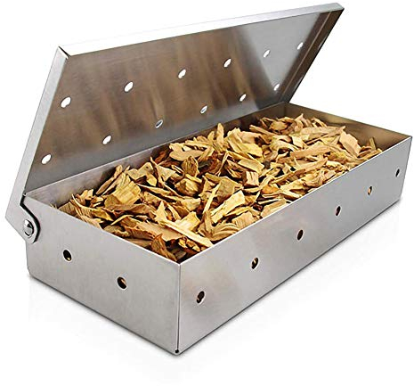 CANDeal Röklåda, gasgrill röklåda eller kolgrilllåda, fungerar med träflisor, lägg till läcker rökt smak till ditt kött, lock med gångjärn tjockt rostfritt stål varp gratis grilltillbehör