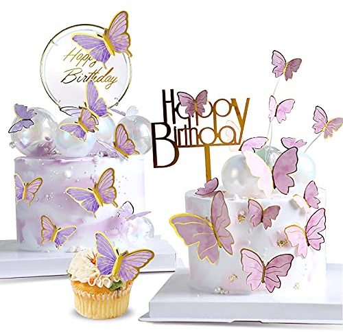 OWill 22-Pieces Butterfly Cake Decorations with Happy Birthday Acrylic Cake Toppers for Baby Shower Wedding Birthday Party Decor (Purple & Pink)