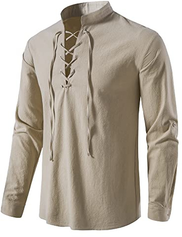 Camisas de algodón con cordones para hombre, disfraz medieval vintage escocés jacobita Ghillie Kilt, camisas pirata, caqui, L