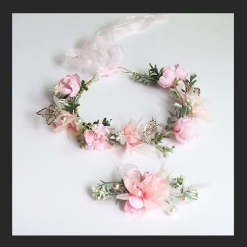 Dzxin Corona di Fiori, Fiore Headband Butterfly Matrimonio Nuziale Nuziale Fiore Corona/Braccialetto Fiori Set con Nastro per Matrimonio Festa Festa di Viaggio Foto Props(Farfalla)